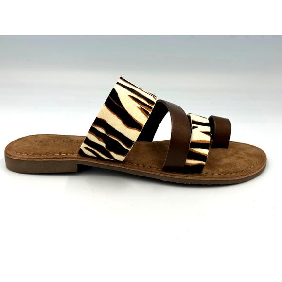 Real Leather Flats Animal Print Toe Loop Very Volatile Jenika Sandals Brown s 8 - Picture 9 of 14